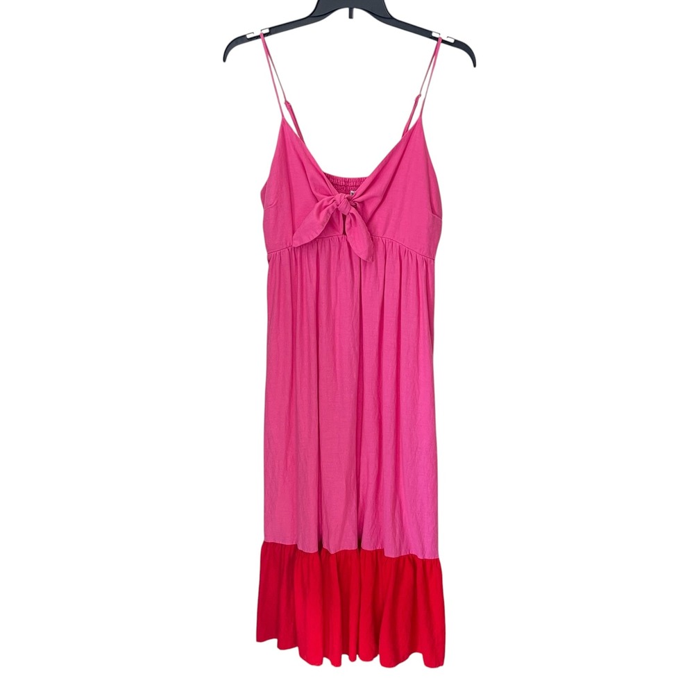 Tabitha Brown Womens Pink Red Tie Front Linen Blend Midi Dress XL